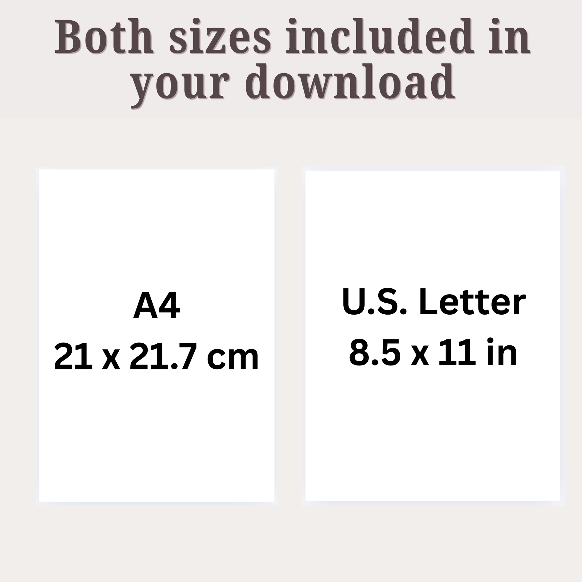 Text indicating A4 and U.S. Letter size options with dimensions on a beige background.