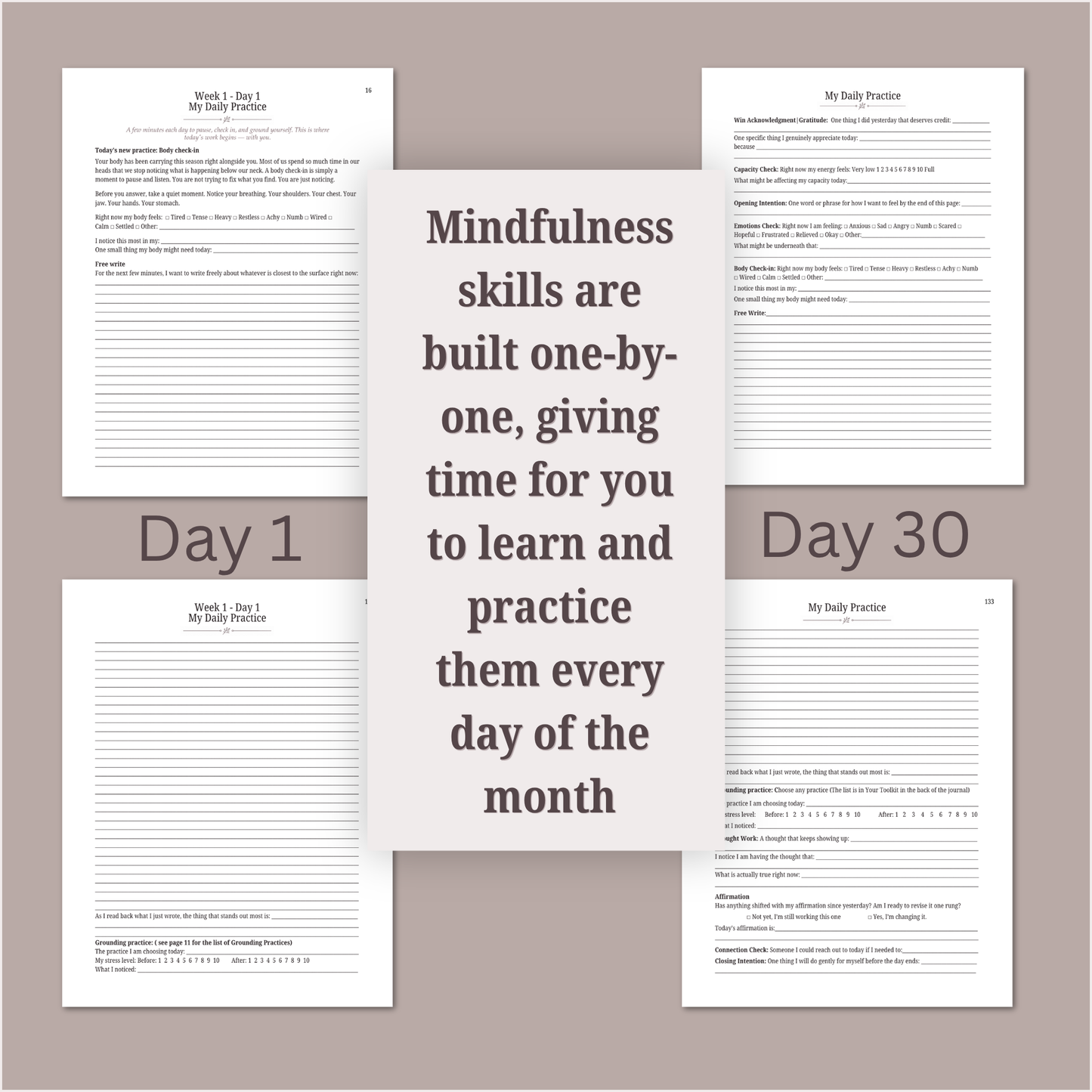 Mindfulness practice sheets with text overlay on a white background