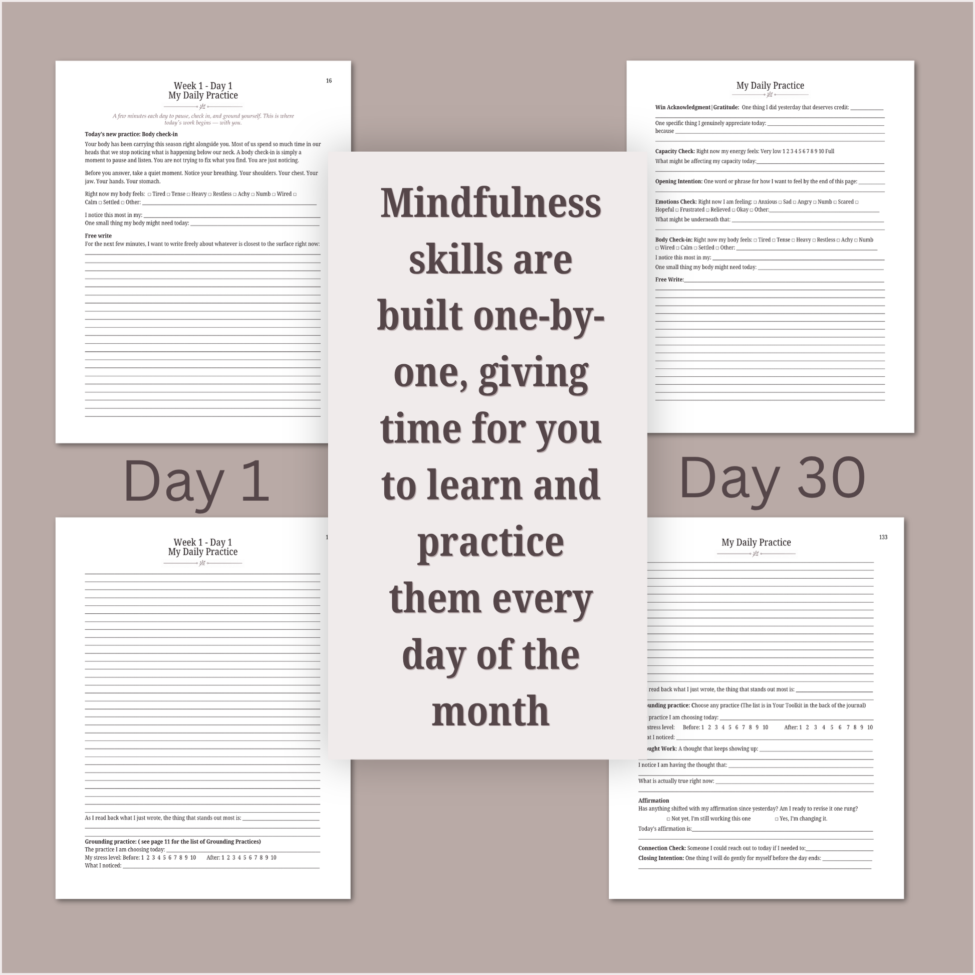 Mindfulness practice sheets with text overlay on a white background