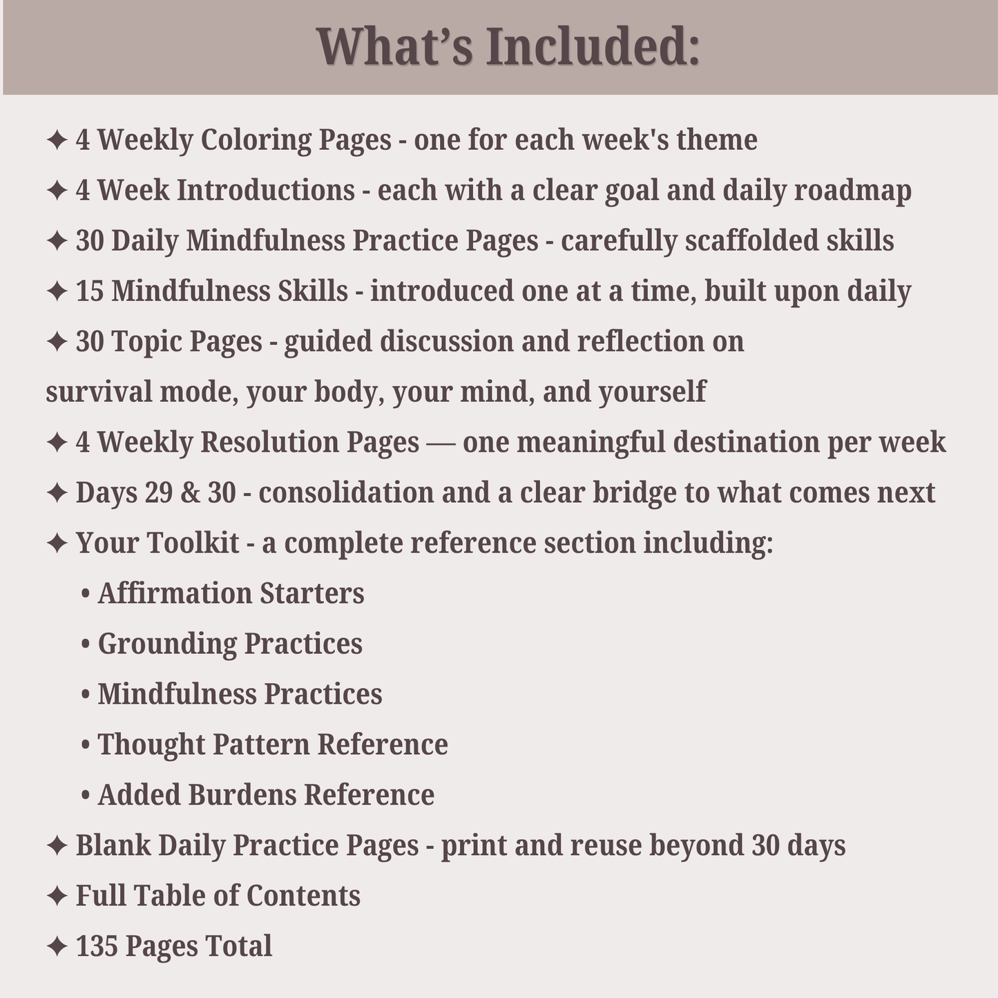 List of included items in a mindfulness and coloring kit on a white background
